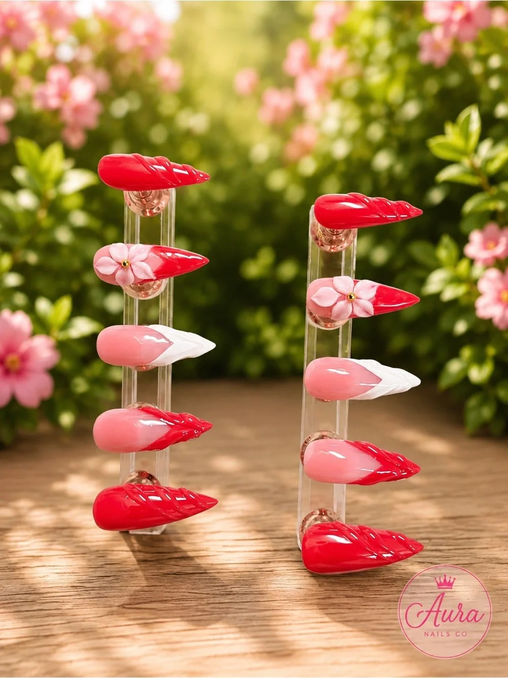 Red & Pink Press-On Nail Set with Floral Accent